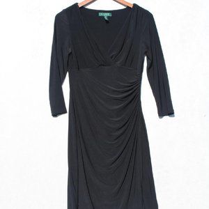 NWOT LAUREN Ralph Lauren Black Ruched Faux Wrap Sheath V-Neck 3/4 Sleeve Sz 6